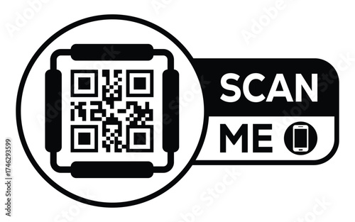 Minimalist black and white QR code label design with "SCAN ME" message, modern style, ideal for marketing, digital menus, business promotions, and mobile-based contactless solutions.	