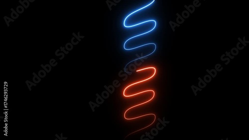 Light streaks. Flowing curves glowing neon lines. Fast energy flying wave line with lights. Magic swirl trace path. Abstract background of flowing orange and blue lines.