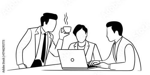 Continuous one line drawing of three business people collaborating around a laptop with a cup of coffee vector