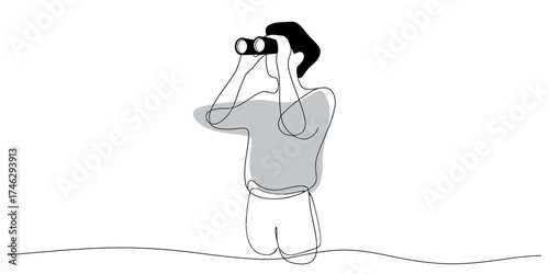 Continuous one line drawing of a person looking through binoculars at a distance vector