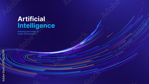 Artificial Intelligence Technology Background with Flowing Neural Lines and Digital Circuit Motion. Smart AI Tech and Deep Learning Concept. Presentation Template Vector Illustration.