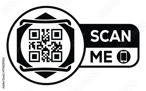 Minimalist black and white QR code label design with "SCAN ME" message, modern style, ideal for marketing, digital menus, business promotions, and mobile-based contactless solutions.	