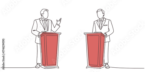 Continuous one line drawing of two people standing at podiums in a debate illustration vector