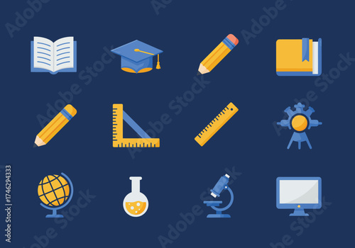 Education icon set flat vector illustration of school supplies and learning tools isolated on blue background on transparent background