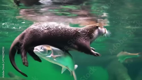 Playful River Otter Swimming Underwater and Chasing a Fish.