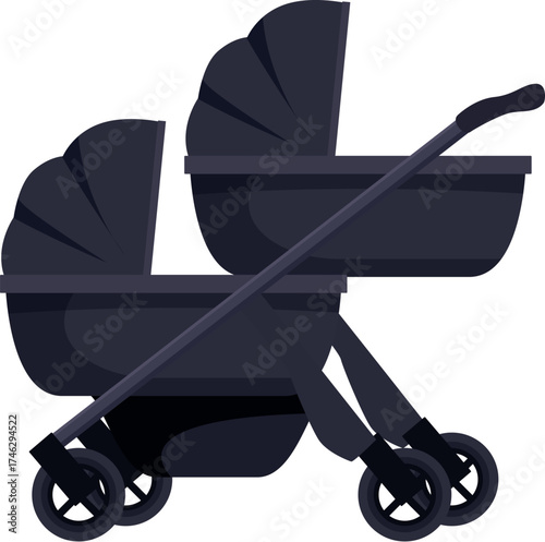 Dark gray twin baby stroller waiting for a walk in the park