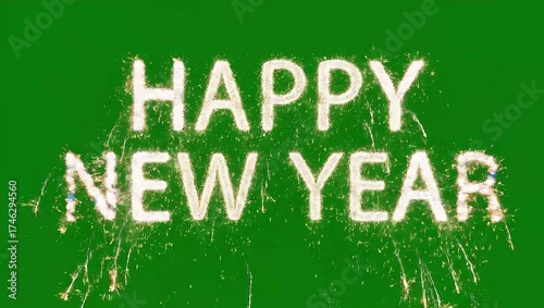 Happy New Year text written in sparkling fireworks, a festive design element isolated on a green screen for easy VFX compositing