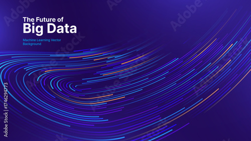 Big Data Technology Flow Background with Neural Network Particles and Digital Stream Lines. Futuristic Data Science Concept. Tech Business Presentation or Annual Report Template. Vector Illustration.