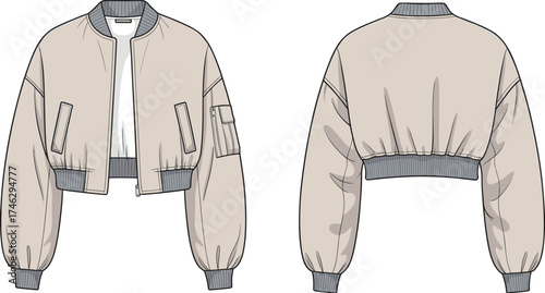 Trendy cropped bomber jacket front and back fashion flat sketch casual outerwear design with ribbed cuffs waistband and pocket details
