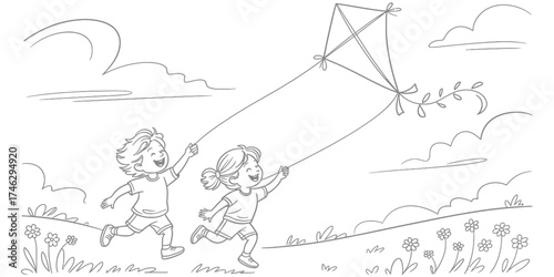 Continuous one line drawing of children flying a kite on a sunny day vector