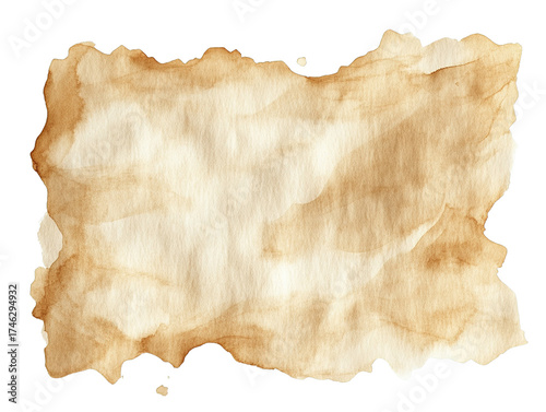 Textured old paper with sepia brown stains and ragged torn edges This aged parchment features a vintage look isolate