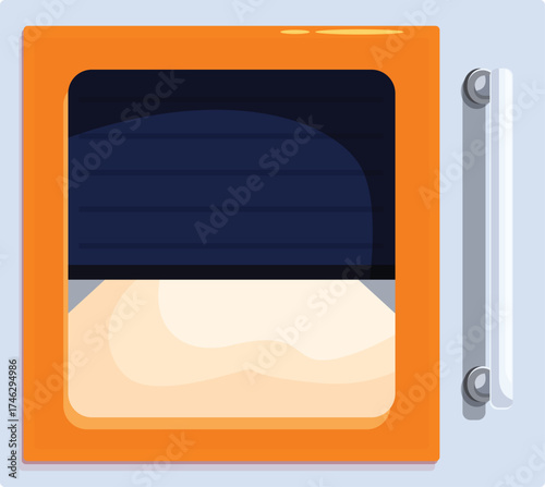 Orange convection oven baking bread, kitchen appliance cooking food, home interior element