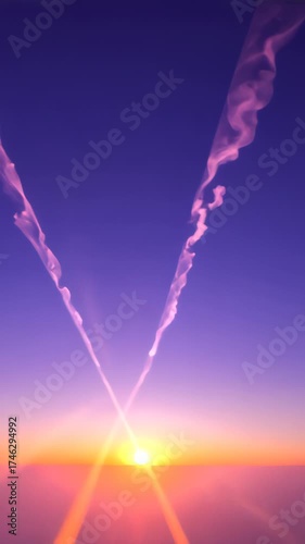 Captivating View of Sunrise with Contrails Creating a Mesmerizing Symmetrical Pattern Against a Gradient Sky at Dawn over a Cloudscape
