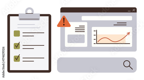 Checklist clipboard, search bar, browser window with graph, and warning alert. Ideal for productivity, organization, planning, data tracking, problem solving risk management simple flat metaphor
