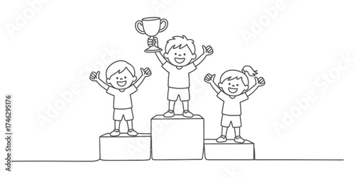 Continuous one line drawing of children celebrating on a winner's podium with a trophy vector