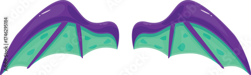 Cartoon dragon or bat wings with a purple and green gradient are spreading outwards