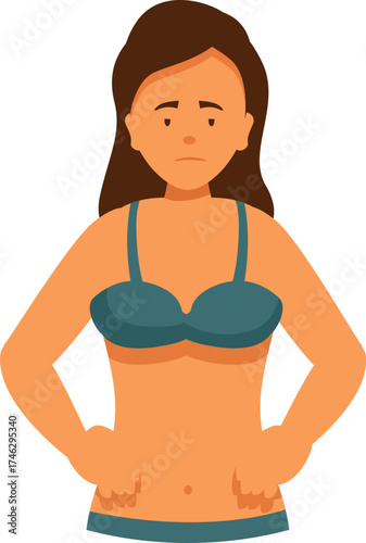 Sad woman wearing bikini is feeling insecure about her body