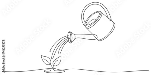 Continuous line drawing of a watering can pouring water onto a small plant growing from the ground vector
