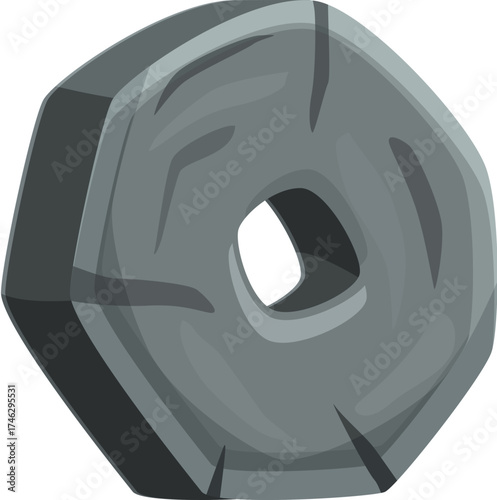 Gray hexagonal stone with a square hole in the center, resembling a frame or ancient artifact
