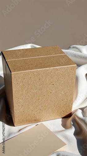 Minimalist Brown Cardboard Box on Soft White Fabric Enhancing Natural Aesthetic and Eco-Friendly Packaging Solution in Sunlit Environment