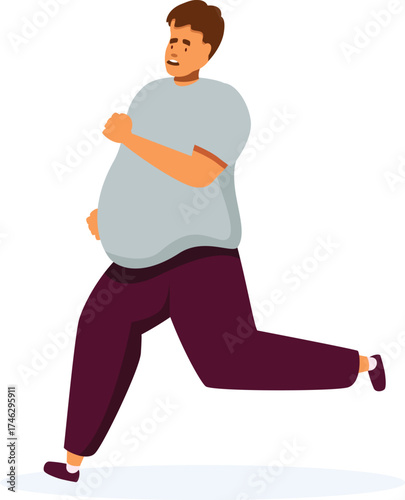 Fat man running to lose weight, isolated on white background