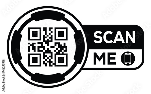 Minimalist black and white QR code label design with "SCAN ME" message, modern style, ideal for marketing, digital menus, business promotions, and mobile-based contactless solutions.	
