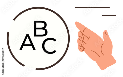 Hand gesture pointing at alphabet letters A, B, C enclosed in a circular outline, representing language, teaching, and interaction. Ideal for education, learning, communication accessibility