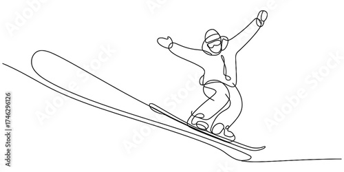 Dynamic one line drawing of a skier executing a jump with arms outstretched and skis angled for descent vector