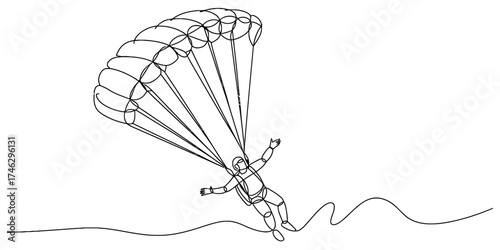 Continuous one line drawing of a skydiver with a parachute descending vector