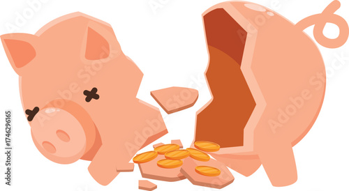 Shattered piggy bank is lying on its side, coins scattered around, symbolizing economic hardship and loss of savings
