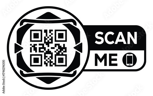 Minimalist black and white QR code label design with "SCAN ME" message, modern style, ideal for marketing, digital menus, business promotions, and mobile-based contactless solutions.	