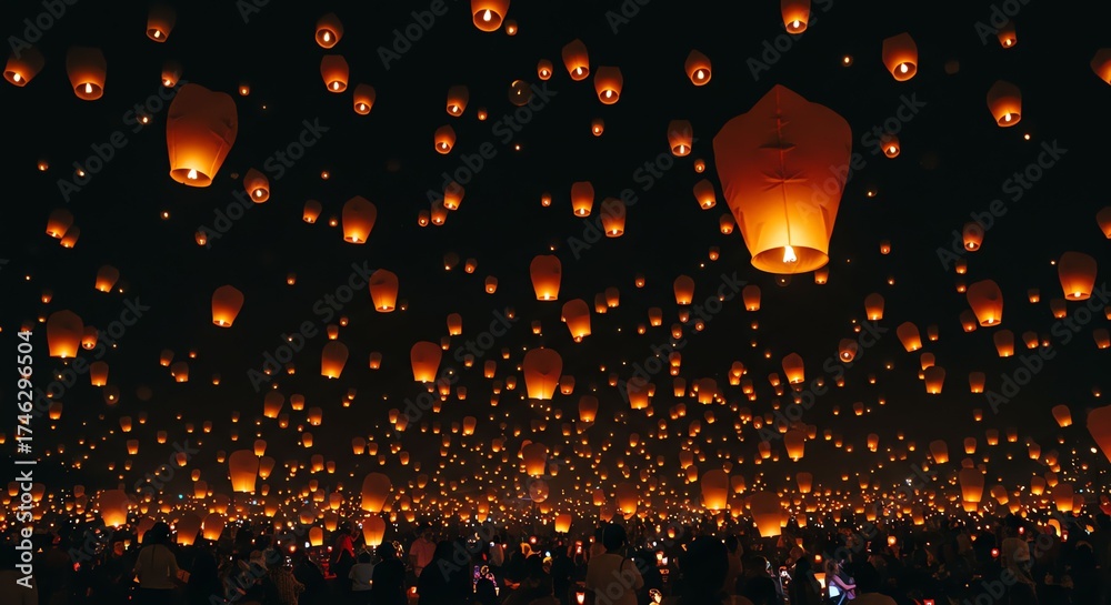 Fototapeta premium Traditional Sky Lantern Festival at Night with Thousands of Floating Lanterns