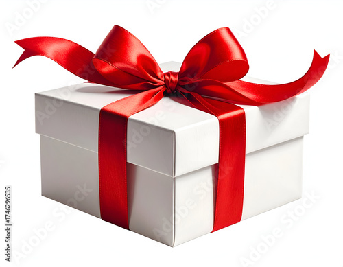 Elegant white gift box with a large red satin ribbon bow isolated on a plain white background.