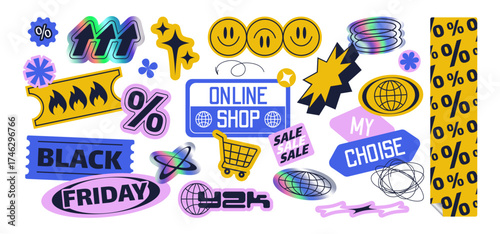 Y2k label stickers with retro digital aesthetic - percentage symbol, smiling face, Black Friday text, online shop badge and shopping cart icon. Nostalgic internet culture elements for vintage design