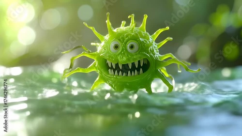 Playful Green Cartoon Virus Monster Splashing in Liquid Animation.