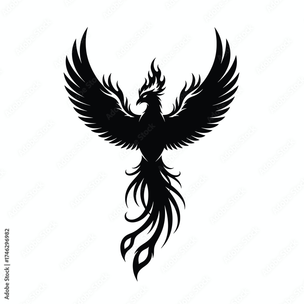 Fototapeta premium Black phoenix with outstretched wings and fiery crest