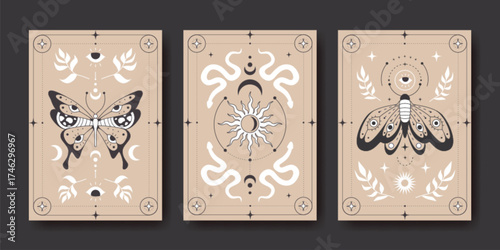 Boho mystic poster set with celestial and butterfly themes on beige backgrounds - tarot card aesthetic with moons and sun, serpent and moth. Spiritual wellness designs for meditation studios.