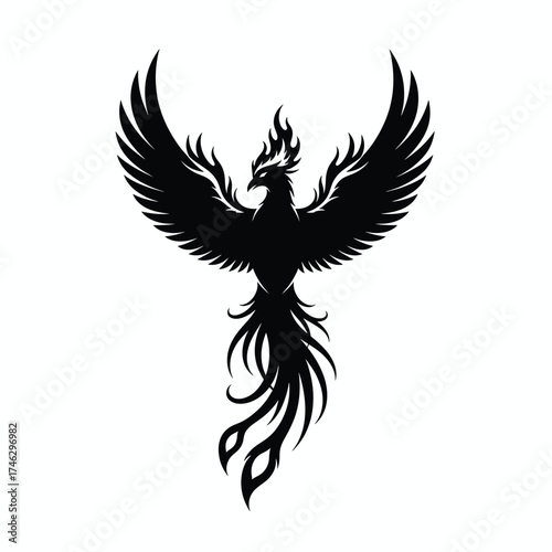 Black phoenix with outstretched wings and fiery crest