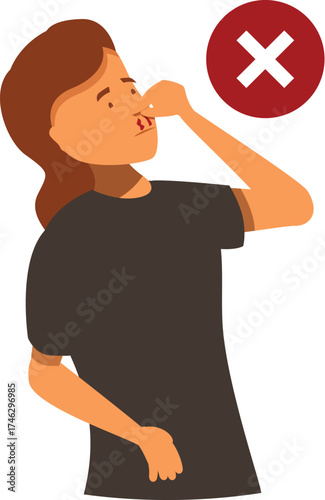 Woman picking nose with index finger, red cross showing bad habit, rhinitis and nasal problems concept