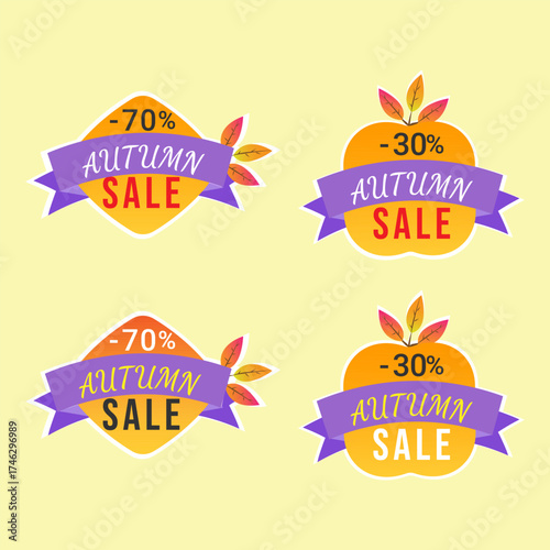Set of Autumn, autumn sale stickers, orange, purple colors, vector illustrations. Stickers are on web or print variants, they help to quickly disseminate information about sales, and various discounts