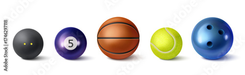 Realistic sports ball set with basketball, tennis sphere, bowling equipment, billiard purple number five and black squash gear. Professional game accessories for athletic competitions or activity.