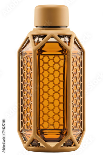 Luxury glass bottle in a golden honeycomb cage for cosmetics isolated on a transparent background