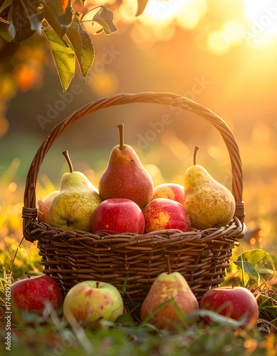 Wicker basket filled with ripe apples and pears in a sunlit orchard during autumn harvest.