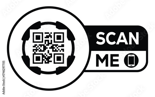 Minimalist black and white QR code label design with "SCAN ME" message, modern style, ideal for marketing, digital menus, business promotions, and mobile-based contactless solutions.	