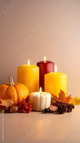 Autumnal Still Life with Candles and Pumpkin.