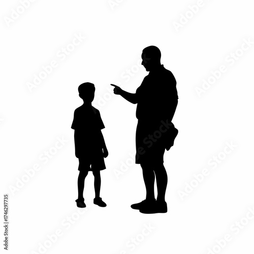 Silhouette of tutor teaching young boy private lesson isolated on white background
