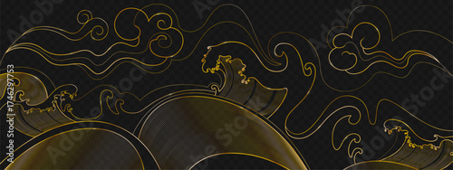 Japanese water wave patterns with golden line art and swirling ocean motifs for oriental design. Traditional curved elements on dark bg. Decorative sea illustration with flowing shapes and foam.