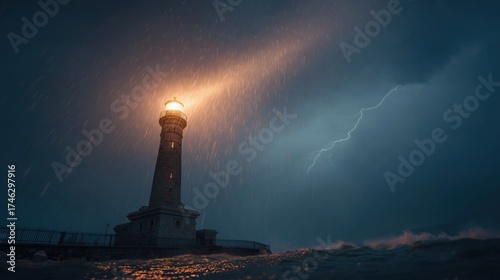 A lone lighthouse standing steadfast against a stormy, dark blue sky as a bolt of lightning strikes behind it. 