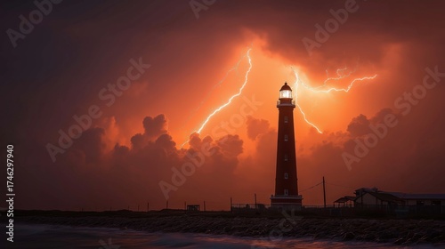 The storm's chaotic energy contrasts with the lighthouse's enduring beacon of light, powerfully symbolizing guidance, hope, and resilience in the face of immense danger or a life-altering crisis.
