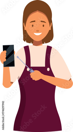 Female technician smiling and preparing to repair mobile phone using screwdriver, electronic repair shop service concept